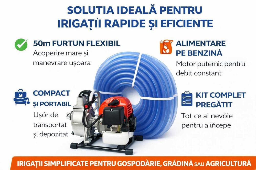 Motopompa Apa 1” + Furtun 50m Kit Complet Irigatii