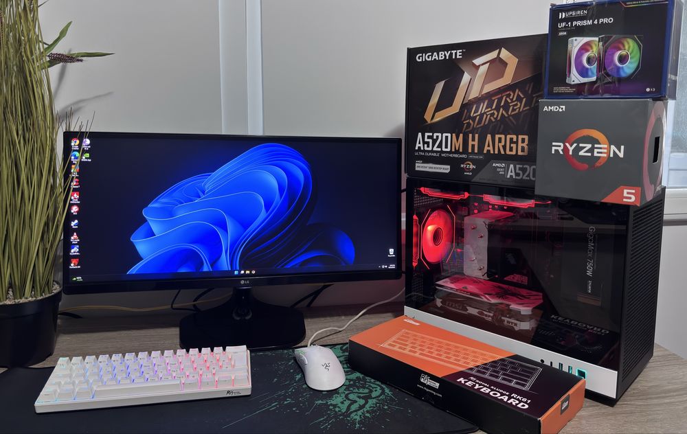 Геймърски сетъп/компютър Ryzen 5600XT/RTX4060 8GB/16 Ram/512 ssd/750 HDD/750W +Монитор LG Ultrawide, периферия.