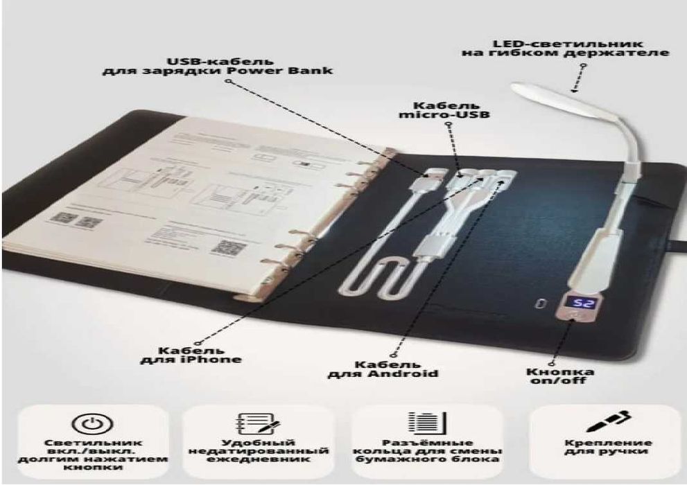 ОПТОМ Ежедневник беспроводная зарядка и лампа Блокнот с Power Bank