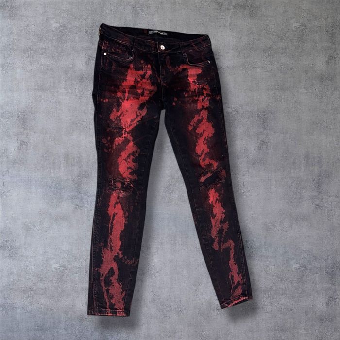 Blugi Zara skinny slim rupti negru-rosu