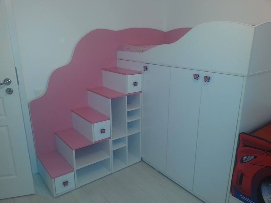 Pat supraetajat cu dulap pentru haine fetita alb si  roz