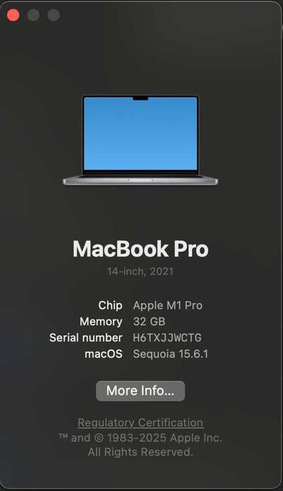 Macbook M1 pro 14, 32gb, 1tb 2021