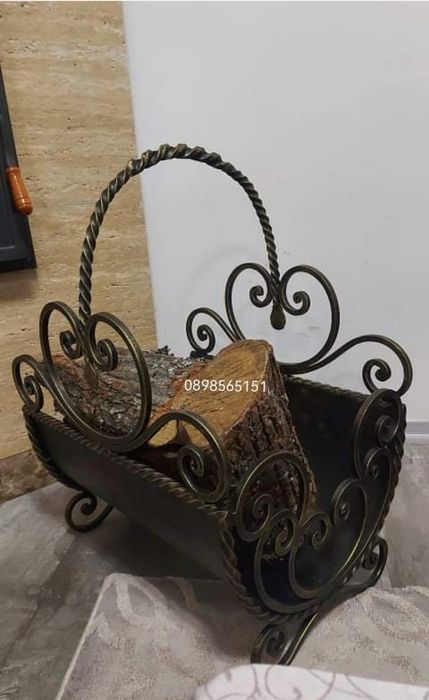 Кош за дърва с прибор за камина, лопатка, маша, дилаф, ръжен,