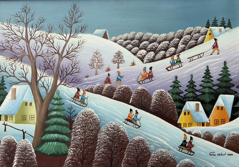 Pictura naiva “Peisaj de iarna” semnat Petru Mihut 1986