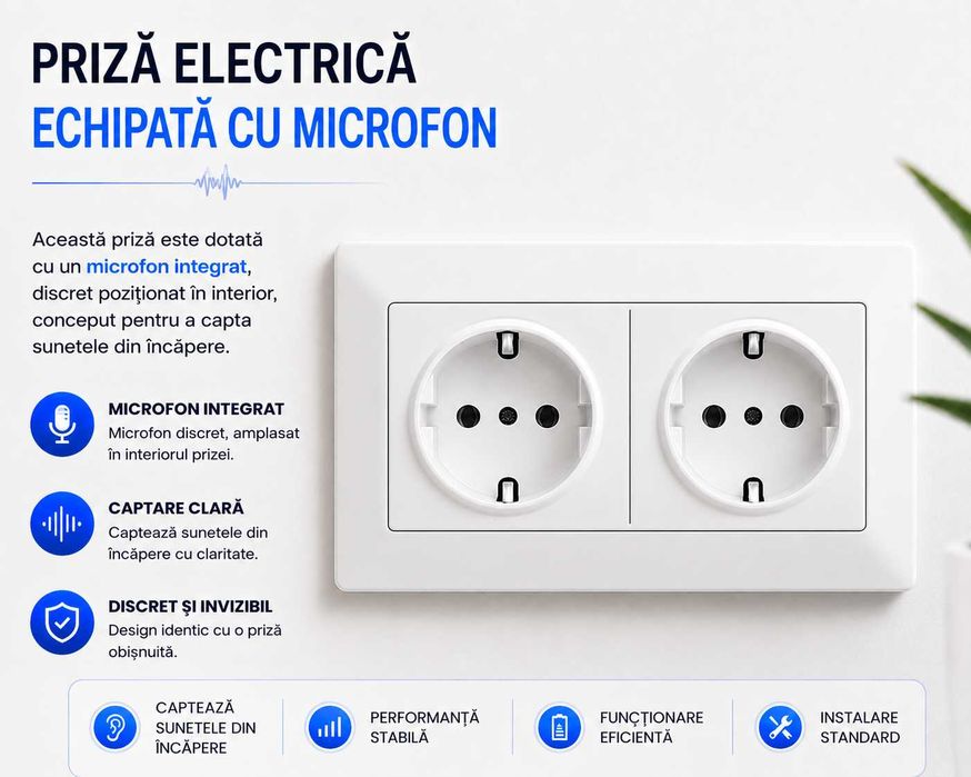 Microfon Spion GSM Profesional Integrat in Priza Dubla – Activare Vocala SMT SECURITY