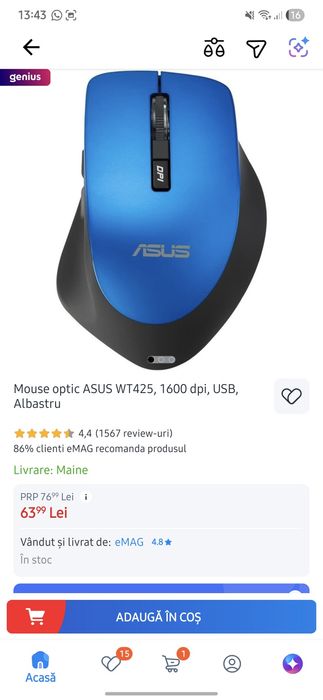Mouse optic ASUS WT425, 1600 dpi, USB, Albastru