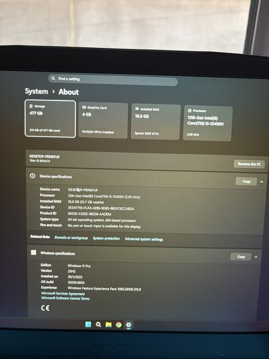 Laptop Gaming MSI Thin 15 RTX 2050, i5-12450H, 16GB RAM, SSD 512GB