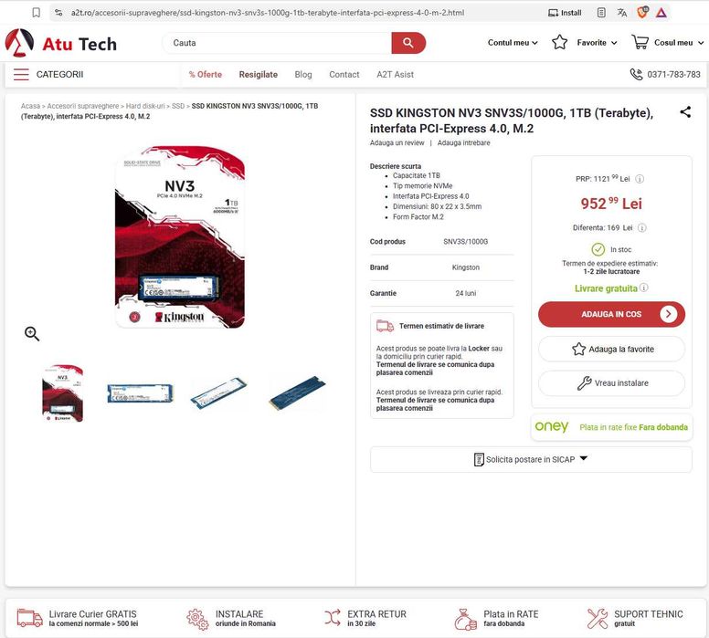 Hard Ssd Kingston NV3, 1TB, PCIe 4.0 NVMe, M.2 Viteza 6000 m/s folosit 2 luni