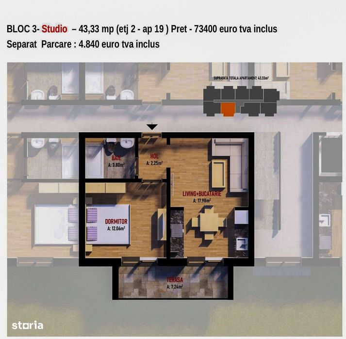 Studio premium 44mp Bloc Nou | Dormitor separat | Incalzire Pardoseala