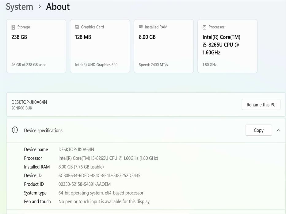 Лаптоп Lenovo ThinkPad L390 - 13.3" - i5-8265U 1.6GHz/8GB RAM/SSD256GB