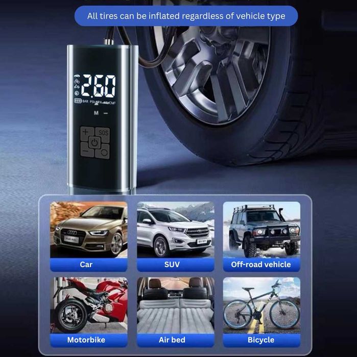 Безжичен Електрически Компресор за Гуми 6000mAh, 150PSI, Презареждаем