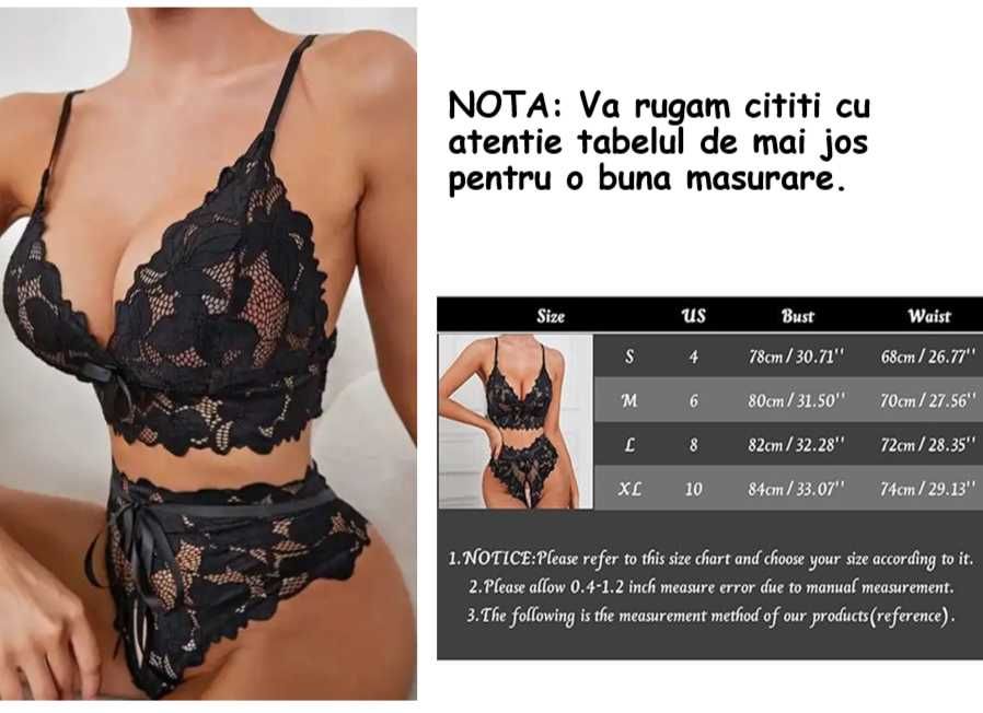 Set de lenjeria sexy erotica, material din dantela, 2 piese, M,  Negru