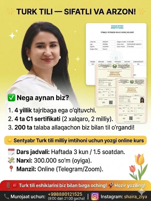 Turk tilini online 5ta C1 sertifikatiga ega tajribali ustoz bilan oʻrg