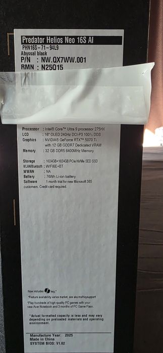 Laptop gaming Acer Predator Helios Neo 16S AI  Ultra 9, RTX 5070, OLED