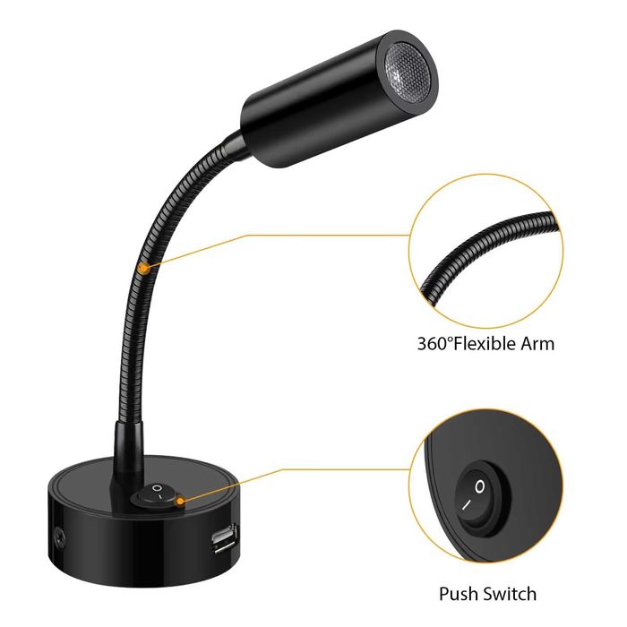 Set 2 lampi LED citit 12V gat flexibil port USB autorulota barca negru
