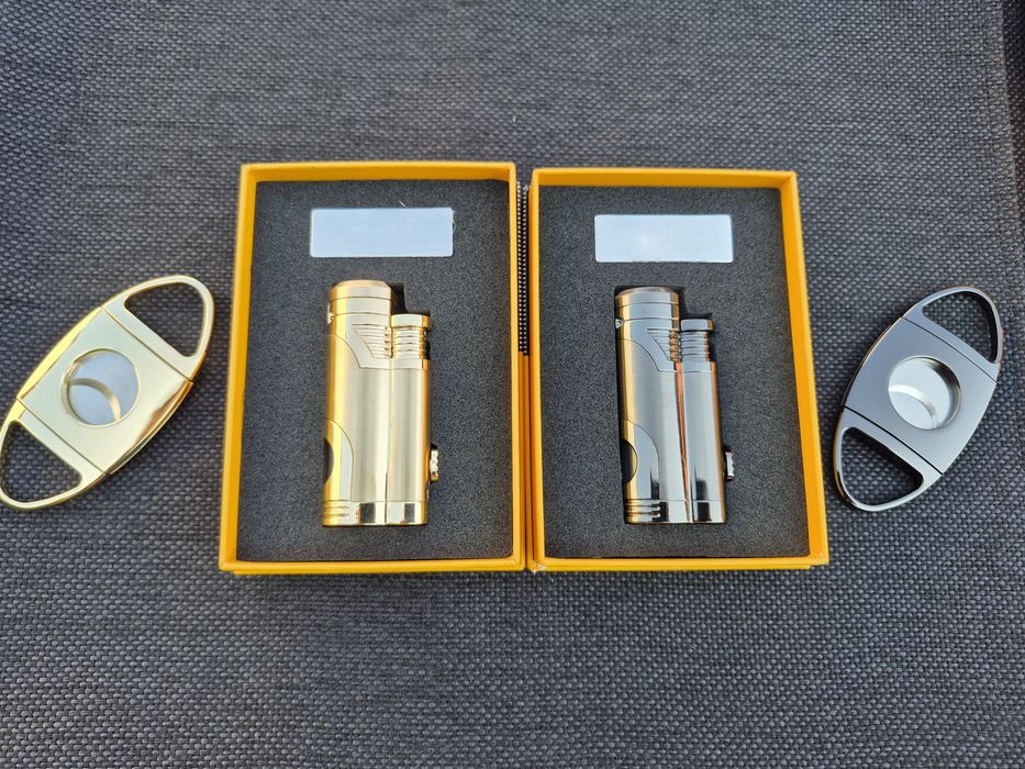 Стилна запалка за пури с лого и подарък резачка в подаръчна кутия