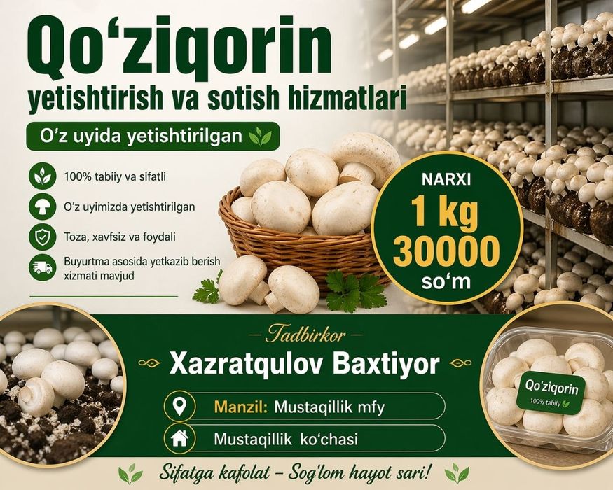 Қўзиқорин сотилади 30 минг кг
