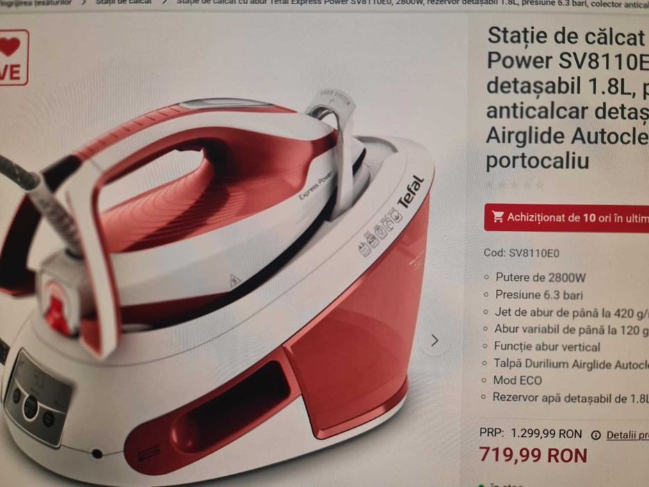 Stație de călcat cu abur Tefal Express Power SV8110E0, 2800W, 6.3 bar