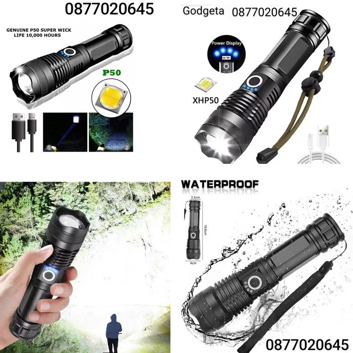 XHP50 LED фенер, алуминий, черен, 20W, презареждаем с USB комплект с
