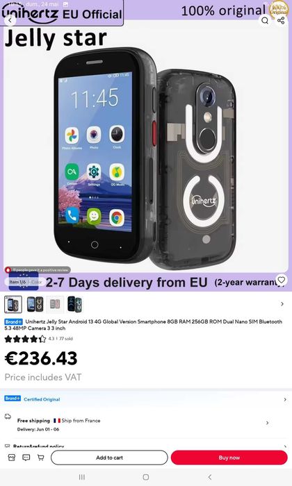 Unihertz Jelly Star,3 inch=diagonala 7,62 cm NFC mic cat un card ,NEGRU,8 GB ram 256 GB rom,SIGILAT
