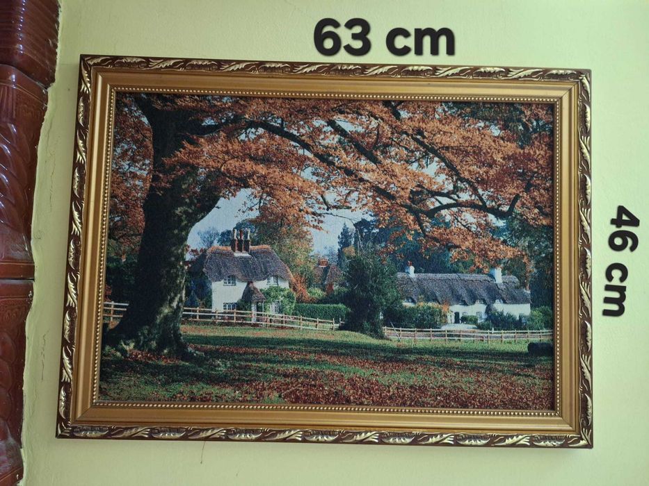 Tablou Goblen Mare - Peisaj de Toamnă "Cottage" - Ramă Aurie Deosebită