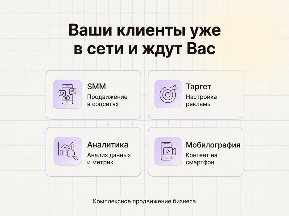 SMM xizmatlari, analitika, target, mobilograf\fotograf
