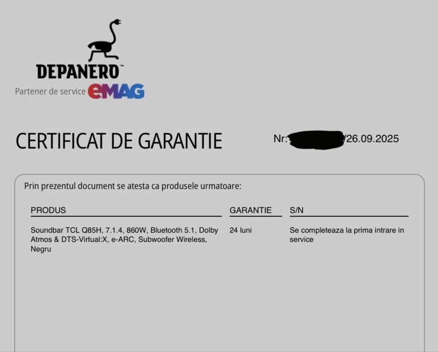 Soundbar TCL Q85H, 7.1.4, 860W, Dolby Atmos, Garantie 2 ani, Wireless
