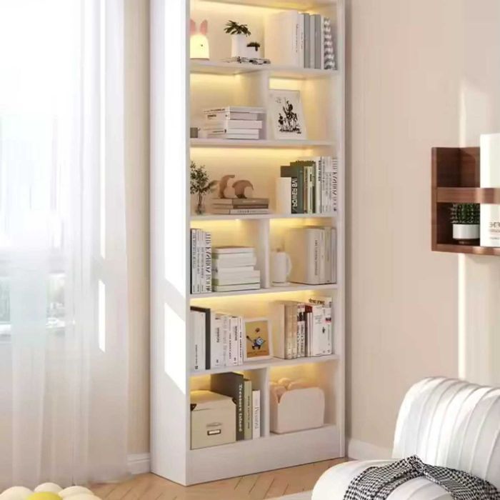 Bibliotecă cu 6 rafturi deschise, cadru lemn – alb/stejar negru