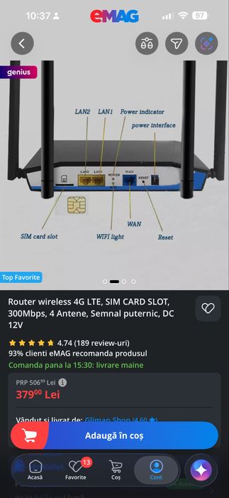 Router 4G LTE cu SIM, 300 Mbps, 4 antene – ca nou