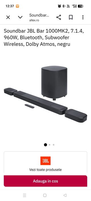 Soundbar JBL Bar 1000MK2, 7.1.4, 960W, Bluetooth, Subwoofer Wireless, Dolby Atmos, negru