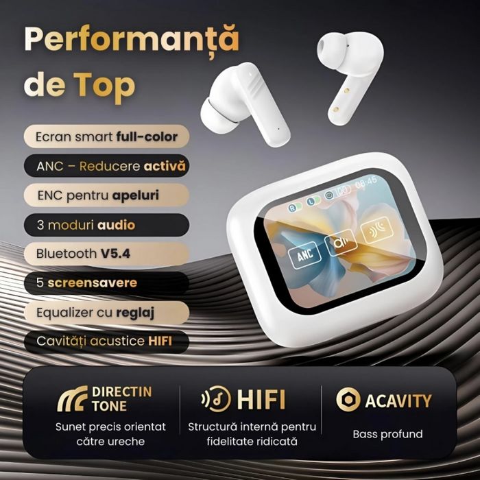 Casti Wireless cu Translator AI, Control APP, Bluetooth si Ecran Digital cu Control Tactil