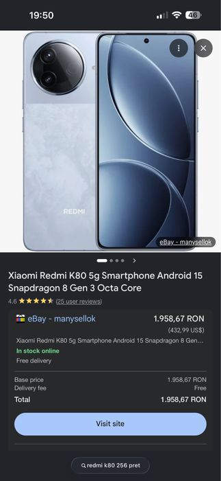 Xiaomi Redmi K80 Blue 5G Smartphone Snapdragon Elite 256GB 12gb ram