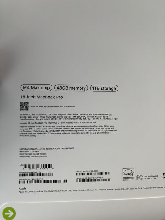 Лаптоп Apple MacBook Pro 16 2024, Apple M4 Max