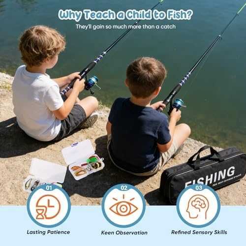 Нов Комплект детски въдици 2 броя с примамки макара чанта аксесоари рибар