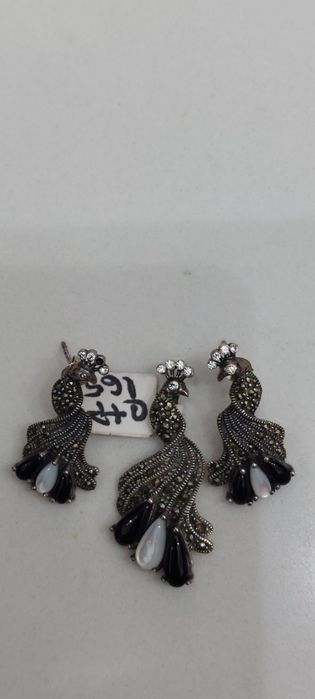 Set argint cu sidef,onix și marcasite model păun