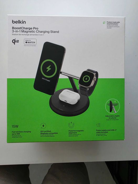 Incarcator Belkin BoostCharge Pro 3 in 1 Qi2 Wireless Charger, MagSafe Compatible Charger, Inductive Charging Station
