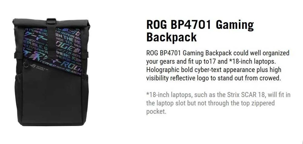 НОВА Геймърска раница ASUS ROG, водоустойчива, подходяща за 15", 16", 17" и 18" лаптоп