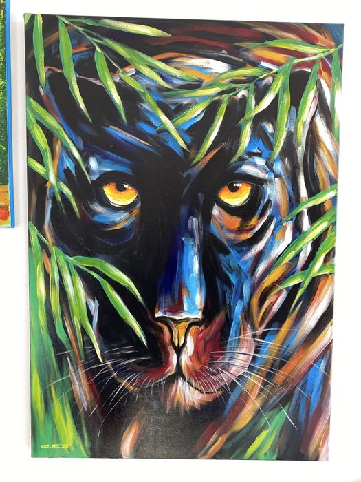 Tablou pictat manual pe panza cu Puma Neagra Dimensiune 70 x 100 cm