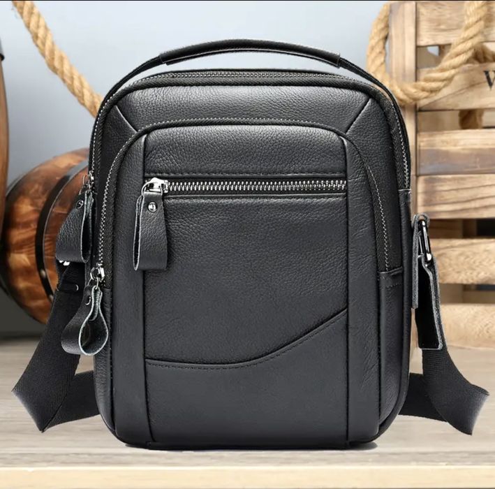 Мъжка обемна кожена чанта/Елегантна от черна естест. кожа -10%Промоция