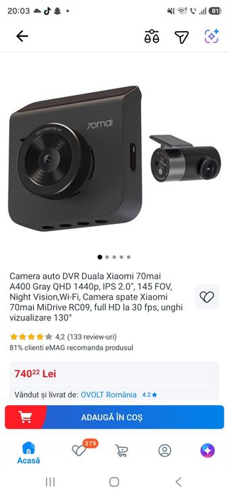 Vand camera auto 70 mai A400 fata spate