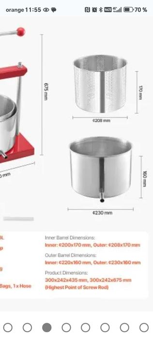 Presa, teasc struguri, fructe din inox, 6 litri