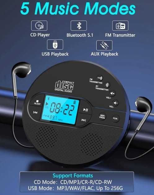 Преносим CD плейър Greadio CD-35 с Bluetooth, акумулаторна батерия 2000mAh