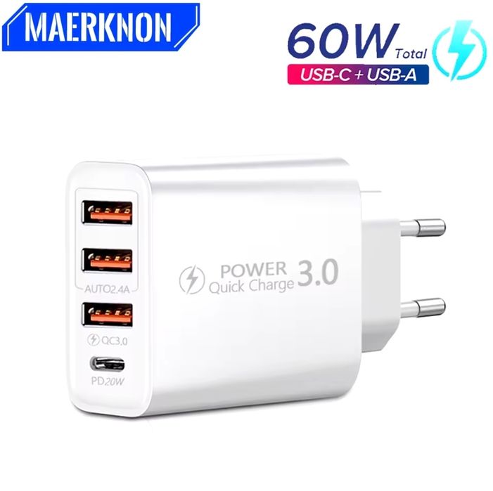 Incarcator 60 W 4 porturi 3 USB 1 USB C + cablu TYPE C to TYPE C 60 w