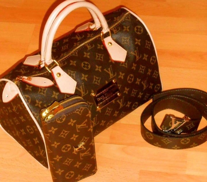 Set 3 articole LV(geanta+portofel +curea),logo metalic auriu,saculet