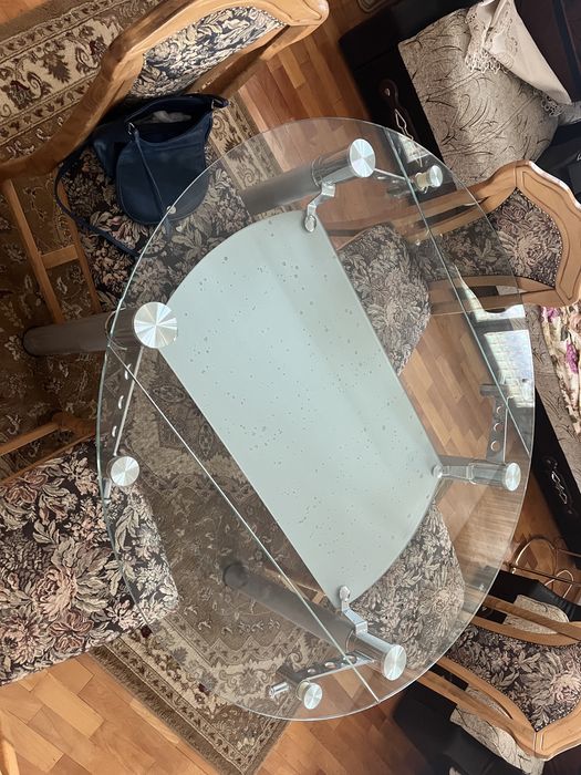 Masa de sticla rotunda noua, cu laterale demontabile si polita suplimentara interioara