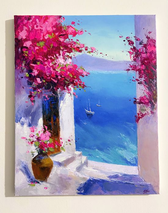 “Спокойствие в синьо и розово” картина, маслена живопис 50х40 см