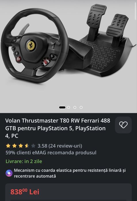 Volan Thrustmaster T80 Ferrari 488 GTB + GTA V + Minecraft PS4 | Garanție eMAG | 600 lei negociabil