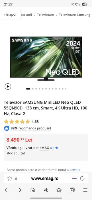 Televizor SAMSUNG MiniLED Neo QLED 55QN90D, 138 cm, Smart, 4K Ultra HD