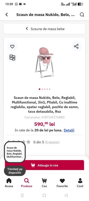 Scaun de masa bebe nikudo roz