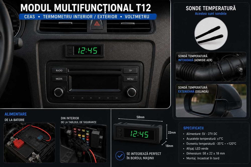 Modul Electronic Digital 4 în 1 – Voltmetru + Termometru + Ceas – Afișează Tensiunea Acumulatorului, Temperatura Interioară și Exterioară, Ora – T12